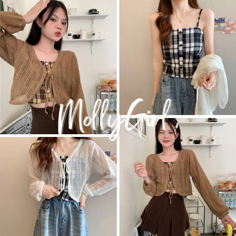 mollygirl เสื้อเซตสายเดี่ยว มีเสื้อคลุมตะข่าย แมทง่าย