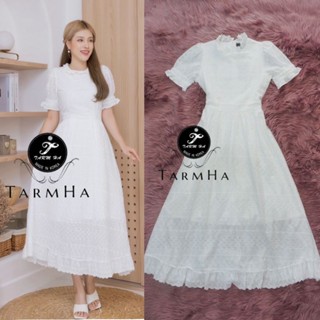 รับงานบุญ ชุดไปวัด!!! S-6XL Maxi Dress เดรสขาวผ้าฉลุลายแขนพอง งานป้าย Tarm Ha