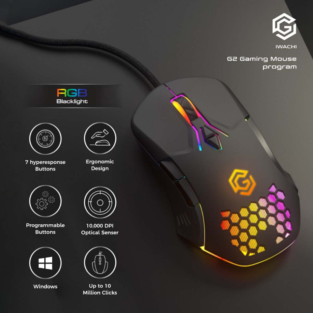 เมาส์เกมมิ่ง แท้ IWACHI Gaming Mouse G2 Gaming Gear Series มีสาย Optical Sensor ปรับ DPIสูงสุด10000