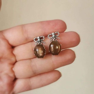 Sunstone Vintage​ Earring​ ต่างหูซันสโตน​ พลอยเหลือบรุ้งสวย ก้านแต่งโบว์​ ตัวเรือน​เงิน​แท้​ 925