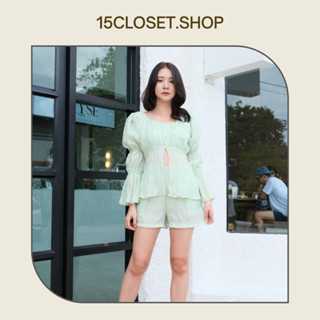 ชุดเซตเสื้อแขนยาวแต่งจั้ม งานผ่าด้านหน้า+กางเกงขาสั้น งานสีพื้น