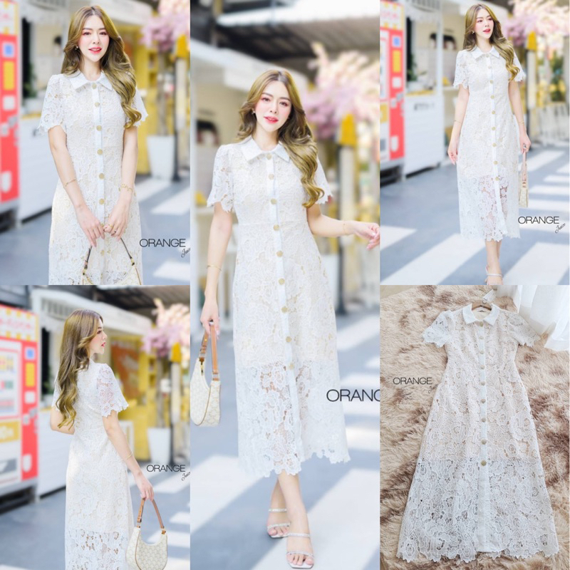🧡พร้อมส่ง S-4XL🧡ป้าย Orange Juice💕เดรสยาว เดรสลูกไม้สีขาว กระดุมหน้า คอเชิ้ต ผ้าดีมาก