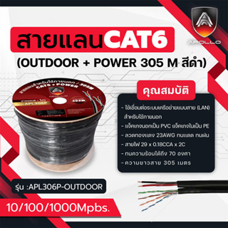 Apollo สายแลน+ไฟ Lan+Power CAT6 UTP  Cable Outdoor สำหรับใช้ภายนอก 305m./Box สายอินเตอร์เน็ท สายNETWORK กล้องวงปิดCCTV