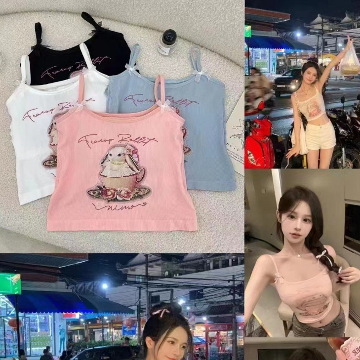 SUNBALEE TA-12 เสื้อสายเดี่ยว ลายการ์ตูน สายเดี่ยวติดโบว์ ผ้านิ่ม น่ารัก นิ่มใส่สบาย สินค้าพร้อมส่ง