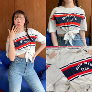 💫New💫(พร้อมส่ง) เสื้อยืดครอปทรงผูกเอว สกรีนโลโก้ด้านหน้า