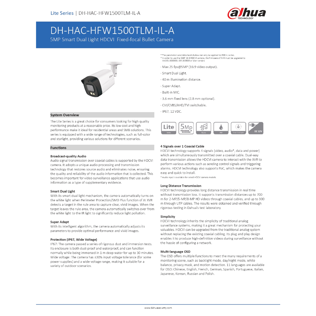 DAHUA กล้องวงจรปิด 5MP มีไมค์ในตัว รุ่น HAC-HFW1500TLMP-IL-A เลนส์ 2.8mm