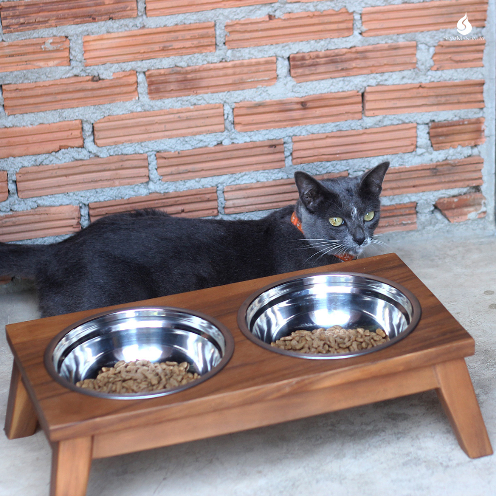 SiamMandalay Pet Bowl with Wooden Stand ชามอาหารสัตว์เลี้ยง ฐานไม้ ที่วางชามอาหารหมาแมว แบบคู่ 2 หลุม