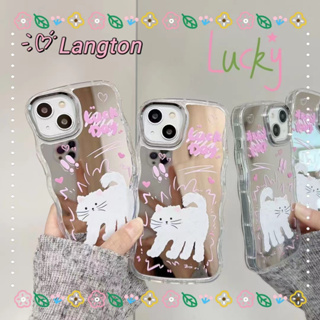 🌈Langton🌸ป้องกันการหล่น ขอบเต็ม iphone 11 14 pro max พื้นผิวกระจก ระลอก การ์ตูน ลูกแมว หวานสวย case for iPhone 12 13