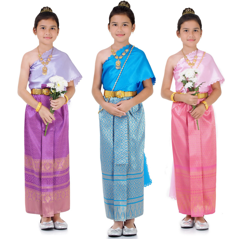 ชุดไทยเด็กหญิงผ้านุ่งห่มสไบ ชุดผ้านุ่งหน้านางเด็กหญิงสีม่วง ชุดสไบเด็กหญิง THAI317