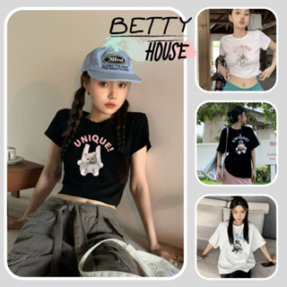 Betty House🎀 เสื้อครอป🍓เสื้อยืดแขนสั้นพิมพ์ลายแมวหวานน่ารักสำหรับผู้หญิง🌟พร้อมส่ง 💥พร้อมส่งจากกทม มาถึงใน 3-5 วัน