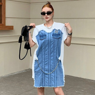 COTTON DENIM MIDI DRESS มินิมอลเกร๋ๆ เดรส ผ้าคอตตอน แต่งผ้ายีนส์ สวยเกร๋ แต่งสร้อยโซ่ ซีลีน เซลีน