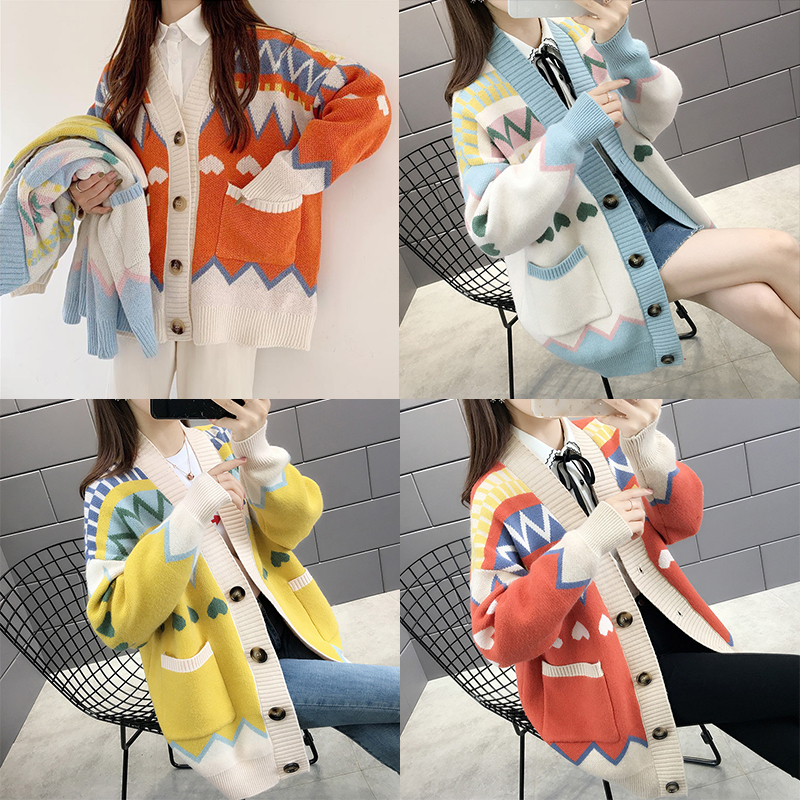 เสื้อคลุมคาร์ดิแกนถักหนา แขนยาว คอวี ทรงหลวม สไตล์เกาหลี (สำหรับผู้หญิง)