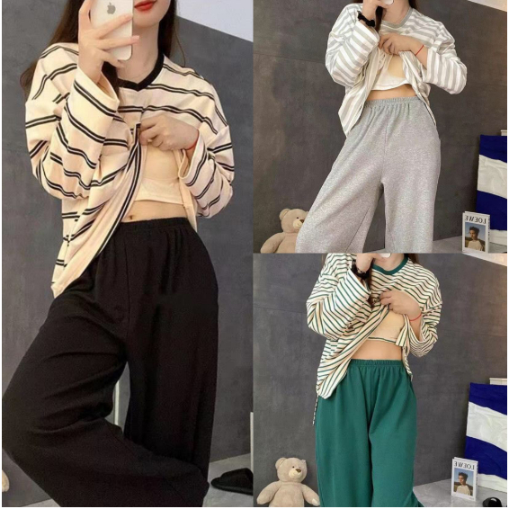 🔥🔥M-4XL,  (มีแผ่นรองหน้าอก)ชุดนอนลายทางแบบใหม่，ชุดนอนแขนยาว， ผ้าฝ้ายคุณภาพสูง， ได้รับความนิยมจากชาวหวลมาก