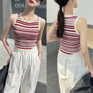 Ey#662#พร้อมส่งเสื้อครอปแขนกุดคอกลมลายทางผ้าเรย่อนถัก ระบายอากาศได้ดี แมทช์ได้ทุกลุค