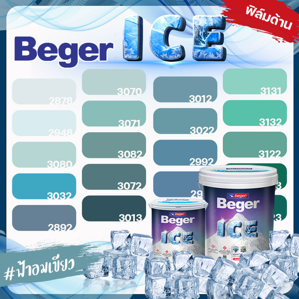 Beger สีฟ้า อมเขียว ด้าน ขนาด 18 ลิตร Beger ICE สีทาภายนอก และ สีทาภายใน  กันร้อนเยี่ยม เบเยอร์ ไอซ์ สีบ้านเย็น