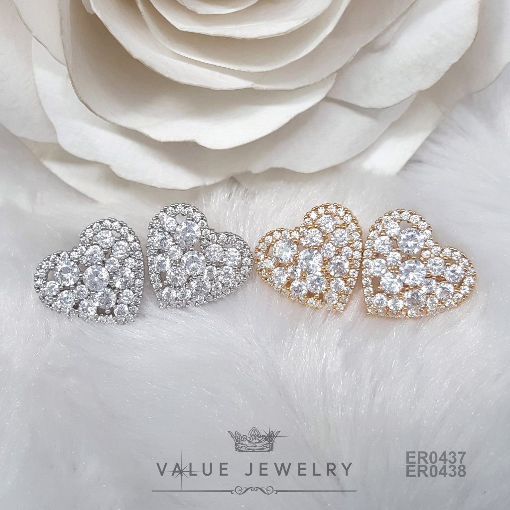 ต่างหูแป้น ประดับคริสตัลเพชรกลม Round Brilliant Shape ลายหัวใจ Heart มี2สี ขนาดพอเหมาะ เครื่องประดับแฟชั่น ER0437 ER0438 Valuejewelry