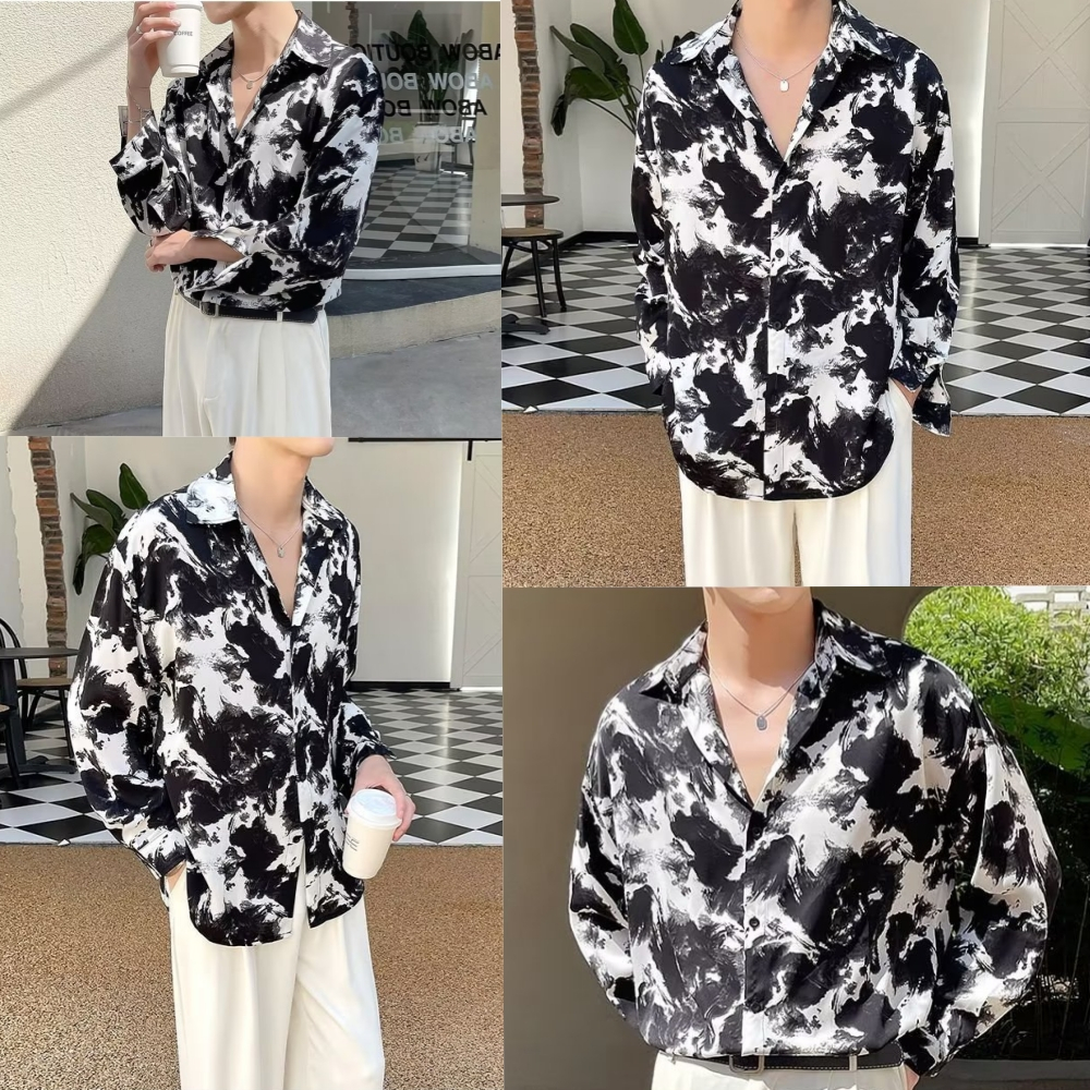 MMAC035 เสื้อเชิ้ตลายหินอ่อนสีดำ oversize เสื้อคอปกแขนยาวผู้ชายทรงหลวม M-XXL  ส่งจากไทย