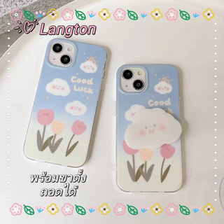 🌈Langton🌸ดอกไม้ ขาตั้ง ถอดได้  iphone 11 14 pro max เส้นขอบโปร่งใส ป้องกันการหล่น ขอบเต็ม สีฟ้า case for iPhone 12 13