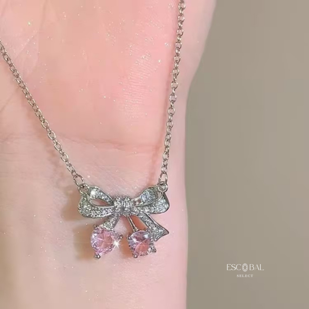 ESCOBAL สร้อยคอเงินแท้ pink bow สร้อยเพชร - รูปที่ 6