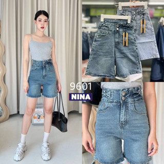 👖NN-ST🌟#9601 กางเกงยีนส์ขาสามส่วนผ้ายืดเอวสูงแต่งขอบเอวโบว์น่าๆรัก งานผ้ายืดเยอะ ทรงสวย