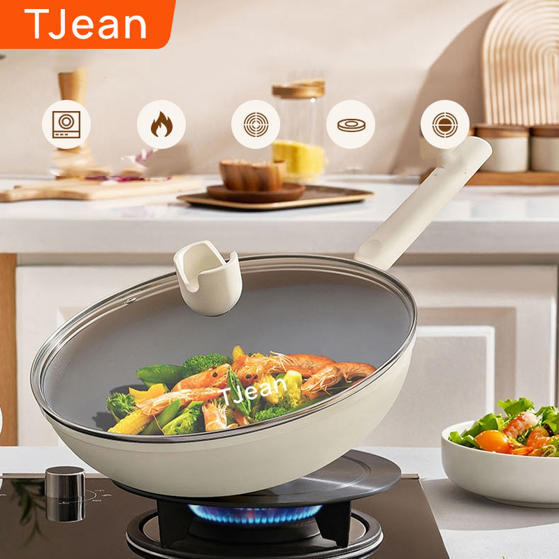 TJean18/24/28ซม.กระทะในครัวเรือนทำอาหารสตูว์มัลติฟังก์ชั่นหนาNon-Stickกระทะแก๊สเตาแม่เหล็กไฟฟ้ากระทะ