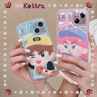 💜Kettra💜ป้องกันการหล่น ขอบเต็ม iPhone 11 14 pro max รุ่นคู่ สีฟ้า สีชมพู การ์ตูน เส้นขอบโปร่งใส case for iPhone 12 13