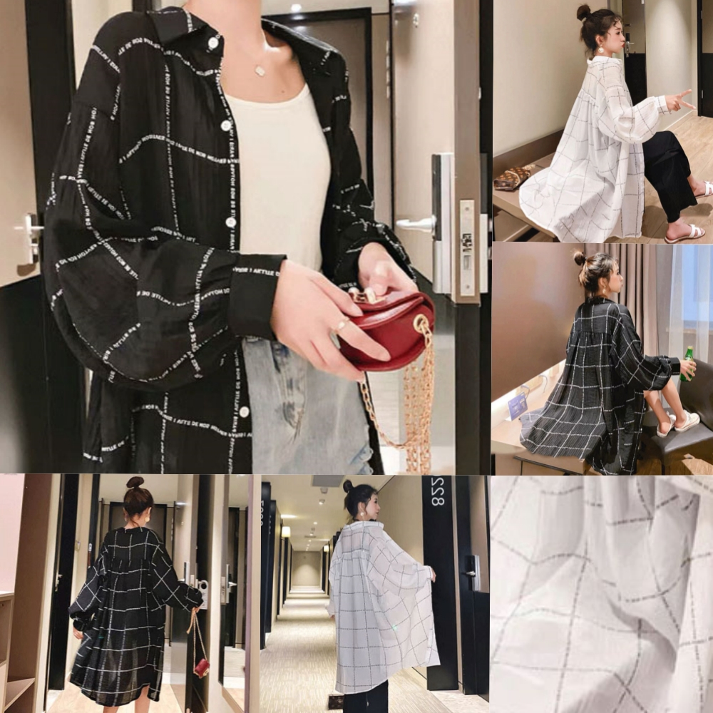 MC7792  เสื้อเชิ้ตลายสก๊อตผู้หญิงสีขาว/ดำ free size เสื้อคลุมตัวยาวแขนพัฟสไตล์เกาหลี อก48+ 🔥พร้อมส่ง