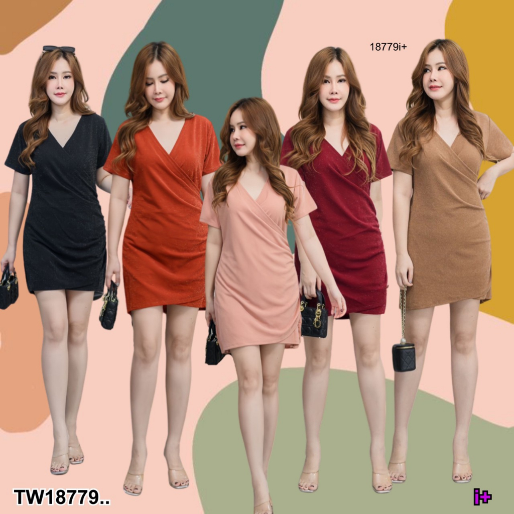 TwinsShopVip พร้อมส่ง TW18779 Mini Dress #สาวอวบ อกไขว้ จับจีบย่นข้าง ..