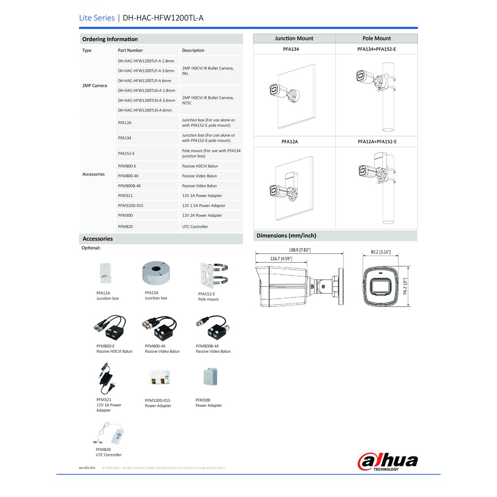DAHUA กล้องวงจรปิด 4IN1 มีไมค์ในตัว IR 80 M รุ่น HAC-HFW1200TLP-A เลนส์ 2.8 mm