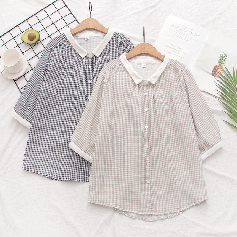 เสื้อเชิ้ตแขนสั้น Scott ทูโทน ปกแคบ แขนศอก 41-45“ ผ้าสาลู 2 ช้้น ลายสก๊อต & ลายตาราง เสื้อลำลองสไตล์ญี่ปุ่น HerbieStyle