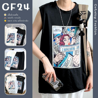 ꕥCatalog Fashionꕥ เสื้อยืดคอกลมแขนกุดทรงโอเวอร์ไซส์ ลายการ์ตูนคอมมิค 2 สี