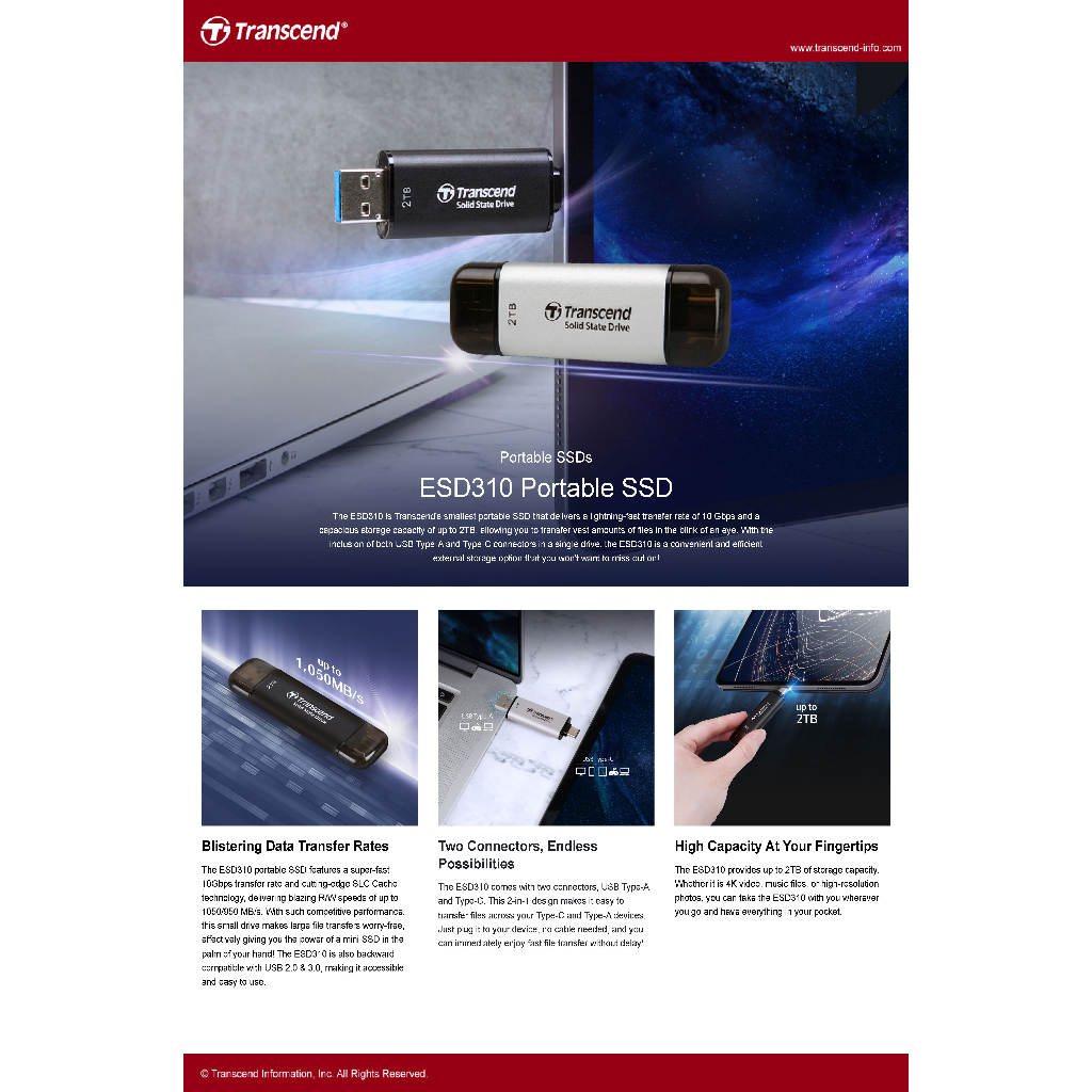 Transcend External SSD smallest 512GB:ESD310S:Type-A and Type-C connectors : รับประกัน 5ปี - มีใบกำกับภาษี-TS512GESD310S - รูปที่ 2