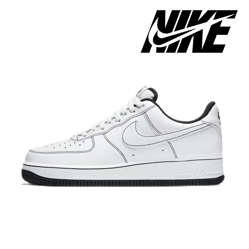 Nike Air Force 1 แท้ 100% Stitching รองเท้าผ้าใบหุ้มข้อต่ำสีดำและสีขาว