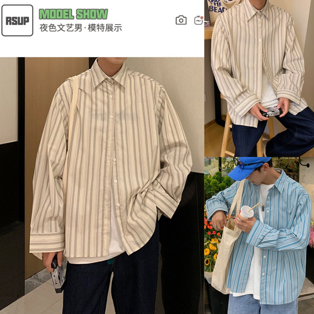 MUAC31 เสื้อเชิ้ตแขนยาว สี cream/blue แฟชั่นฤดูร้อนลายทาง สไตล์เกาหลี สําหรับผู้ชาย M - 2xl