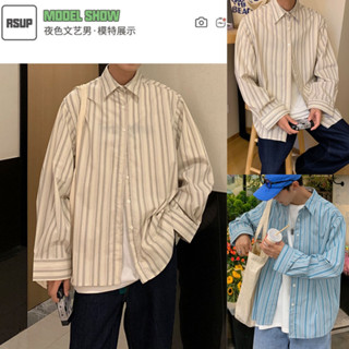 MUAC31 เสื้อเชิ้ตแขนยาว สี cream/blue แฟชั่นฤดูร้อนลายทาง สไตล์เกาหลี สําหรับผู้ชาย M - 2xl