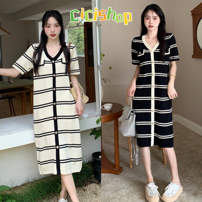 Cicishop(B5395)เดรสยาวแขนสั้นลายทาง ผ้าไหมพรม ดีเทลกระดุมเเต่ง ใส่แล้วดูดีมีสไตล์