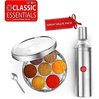 Classic Essentials Stainless Steel Masala Dabba/Spice Box with Steel Lid, 7 Containers and 1 Small Spoons,