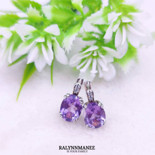 N6436 ต่างหูพลอยอเมทิสต์แท้ ( Amethyst ) แบบอิงลิชล็อค ตัวเรือนเงินแท้ 925 ชุบทองคำขาว