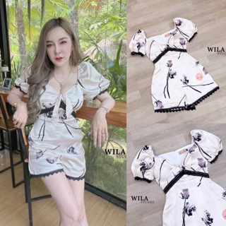 Code : M8 Wila เสื้อผ้าผู้หญิง จั๊มสูทขาสั้น พิมพ์ลาย สำหรับผู้หญิง สาวอวบ ไซส์ S-2XL