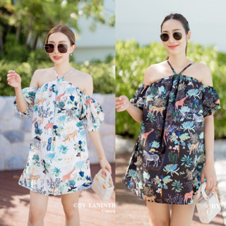 summer dress มินิเดรส พิมพ์ลาย แต่งแขนพอง