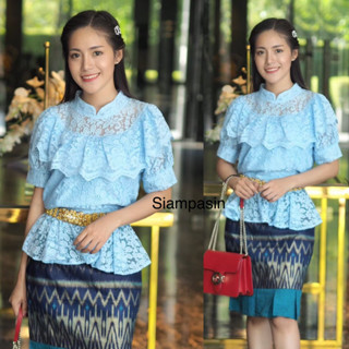 SOF เสื้อลูกไม้ อก S M L XL XXL สีฟ้า แขนสั้นตุ๊กตา รุ่นนี้น่ารักใส่สวย รุ่นวนิดา Blouse