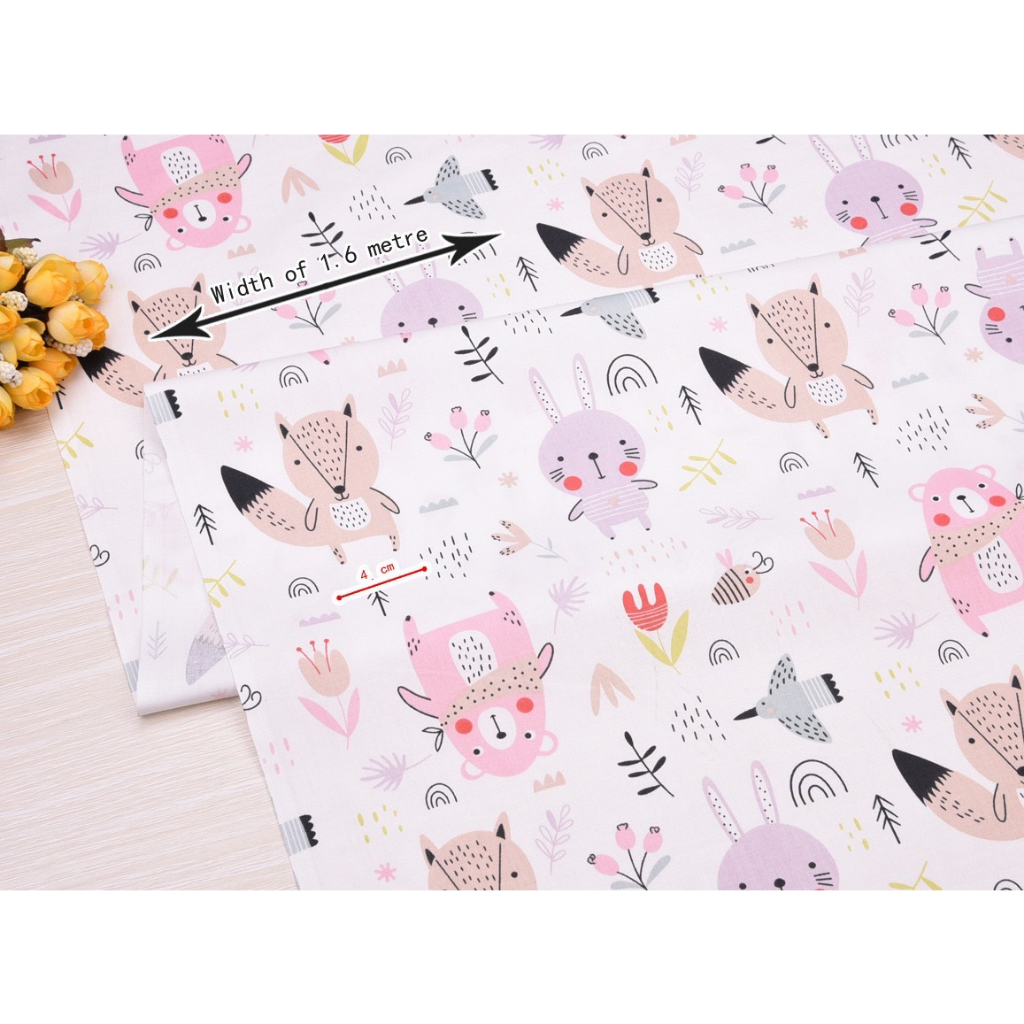 ผ้าคอตตอน 100% ทอทวิล ผ้าเมตร พิมพ์ลายจิ้งจอกหมี หน้ากว้าง 1.6 เมตร