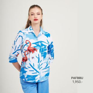 GSP เสื้อสีฟ้า เสื้อปกเชิ้ต พิมพ์ลาย Artistic Bird แขนสี่ส่วน กระดุมผ่าหน้า ทรงพอดีตัว (PAFBBU)