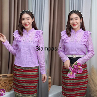 SOF เสื้อลูกไม้ ผ้านำเข้าเป็นผ้านุ่มยืดหยุ่น ไม่คัน อก S M L XL XXL สีม่วง แขนยาว แบบทันสมัย รุ่น กระดุมซิปข้าง Blouse