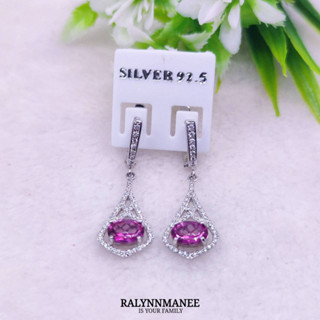 L6440 ต่างหูพลอยพิงค์โทพาซแท้ ( Pink topaz ) แบบอิงลิชล็อค ตัวเรือนเงินแท้ 925 ชุบทองคำขาว