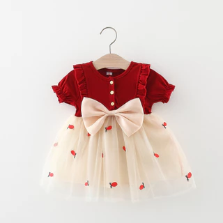 Babyonline(Y434)A5C5 (ส่งด่วน1วัน)ชุดกระโปรงแฟชั่นเด็กผู้หญิงผ้าชีฟองแต่งโบว์ ซับในผ้าฝ้าย ไม่ระคายเคืองผิว