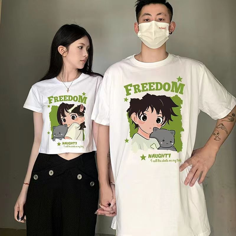 เสื้อคู่รักชายหญิงแบบเท่ๆ oversize แฟชั่นวัยรุ่น เสื้อเสื้อครอปน่ารักๆ โอเวอร์ไซส์เกาหลี สกรีนลายวินเทจ ไปทะเล