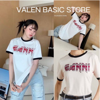 Ganni T-Shirt ✨  เสื้อยืด งานชนช็อป ดีเทลตัดขอบสีทูโทน valen