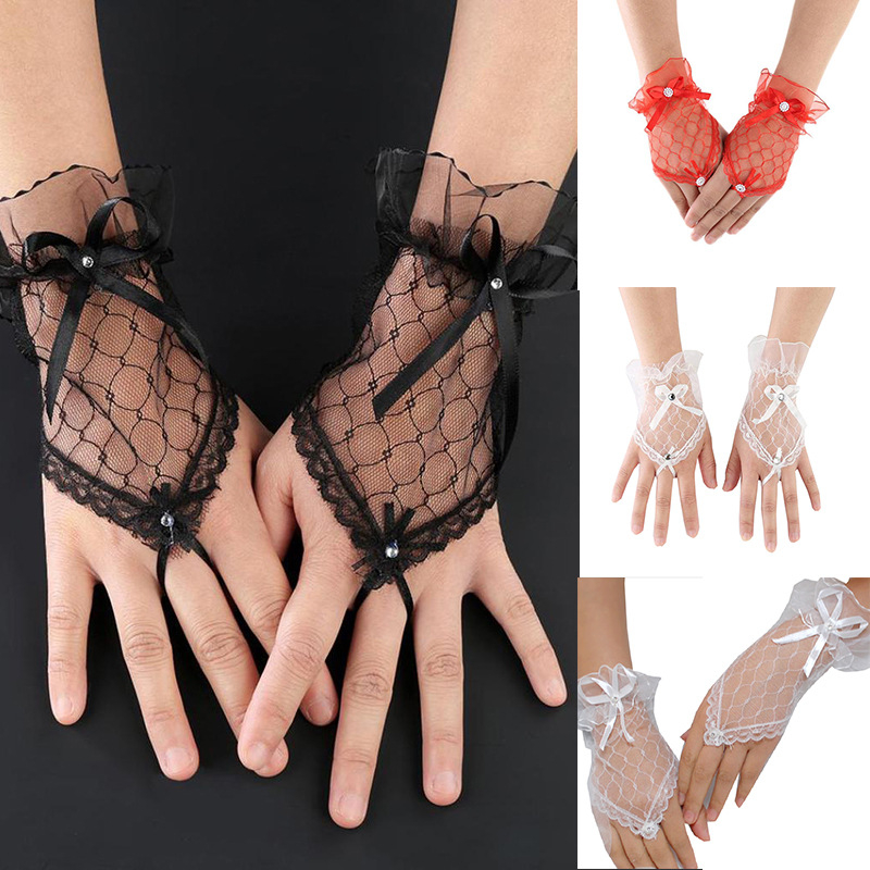ถุงมือสั้นเจ้าสาวชีฟองลูกไม้มีโบว์