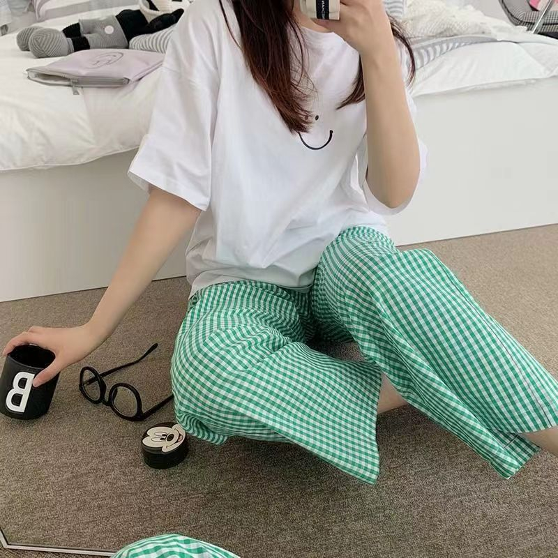ชุดนอน ชุดลำลองลายยิ้ม ชุดเซ็ท 2ชิ้น เสื้อ+กาวเกง มี 8สี พร้อมส่ง Pajamas【LittleStar6】